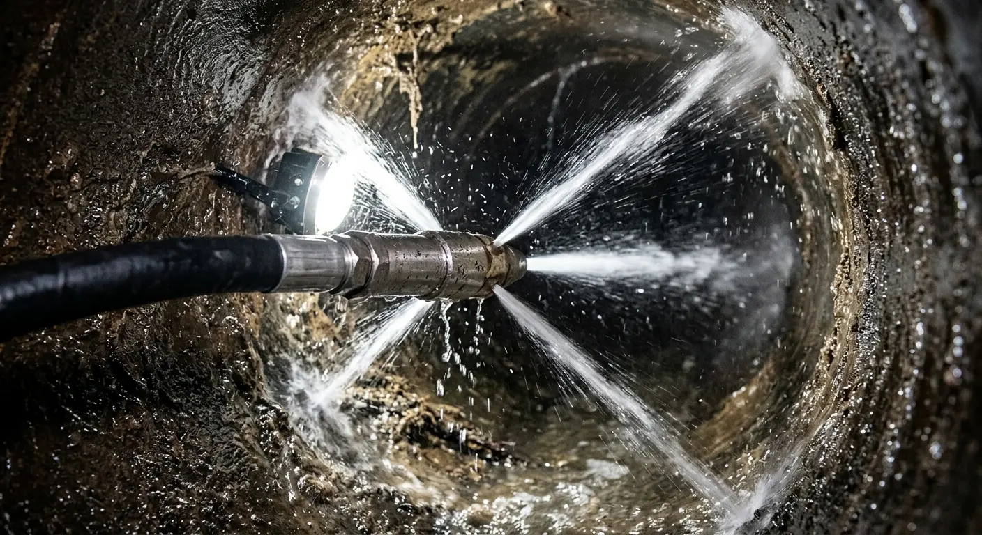 High-pressure hydro jetting nozzle cleaning sewer pipe for Sewer Cleanout in Aurora
