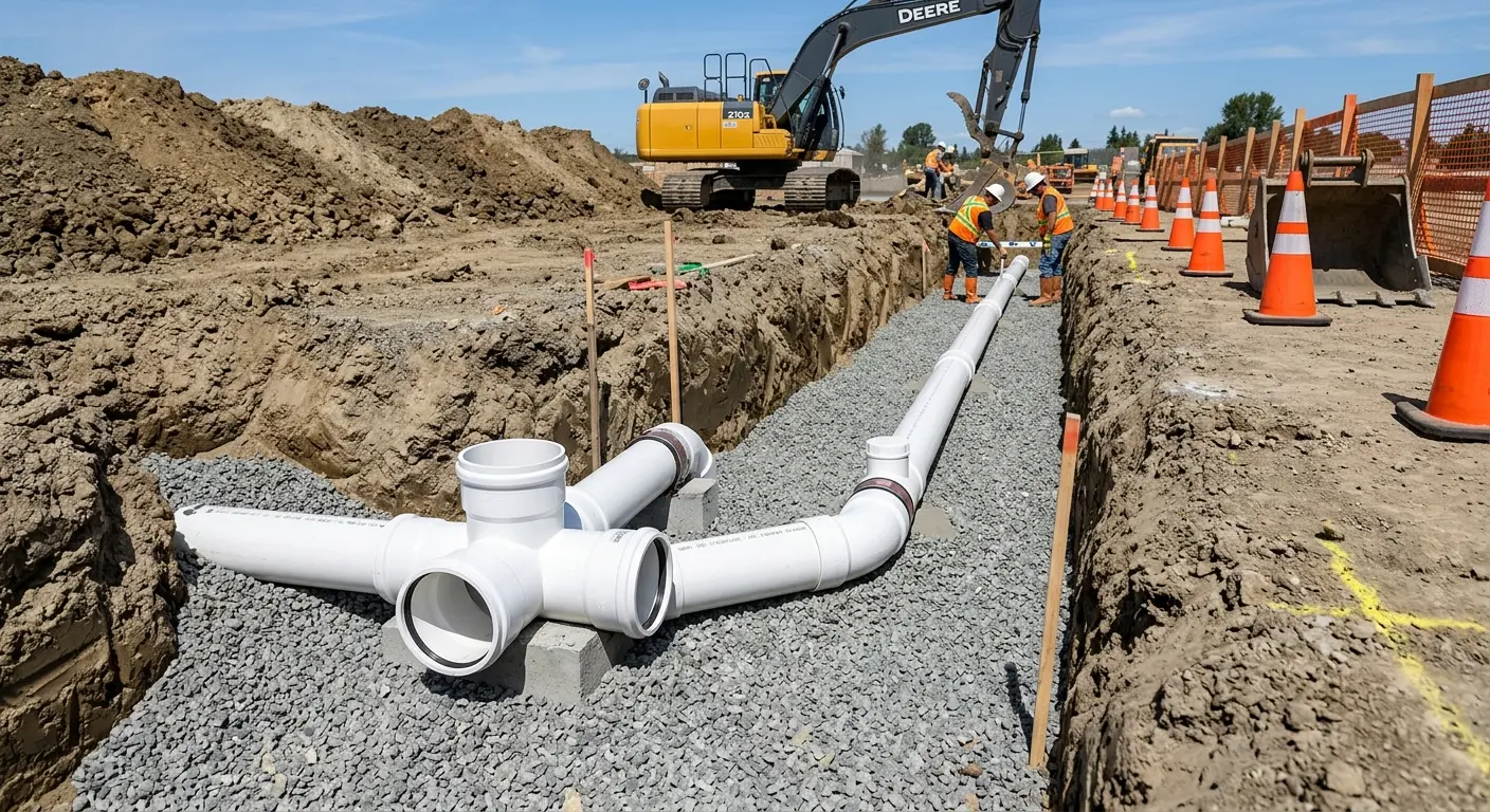 New PVC sewer pipe installation in open trench for Sewer Backup in Aurora